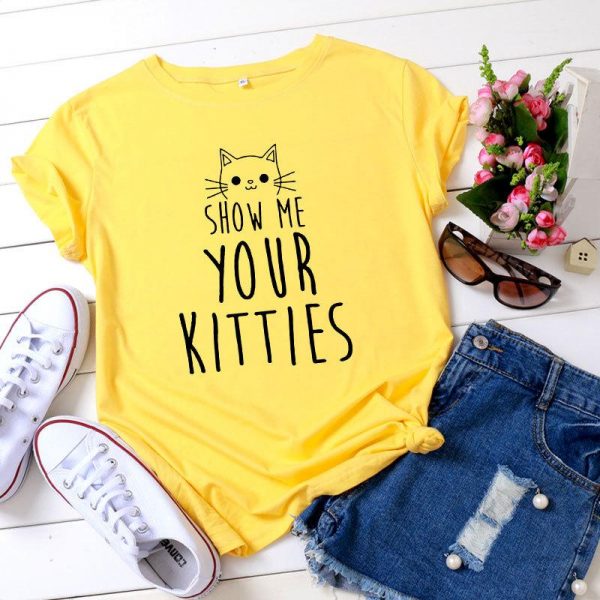 SHOW ME YOUR KITTIES Letter Print Cotton T-Shirt - Modakawa Modakawa