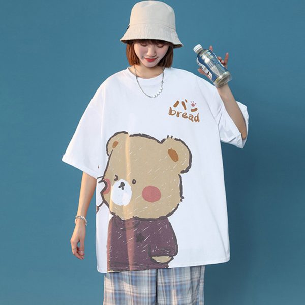 Cartoon Bear Print Round Collar Casual T-Shirt - Modakawa Modakawa