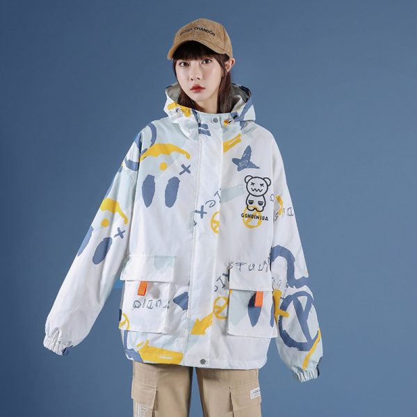 Cartoon Print Zipper Hooded Coat - Modakawa Modakawa