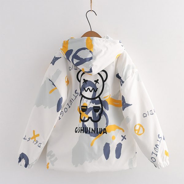 Cartoon Print Zipper Hooded Coat - Modakawa Modakawa