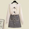 Button Front Knit Sweater Pocket Plaid Skirt Set - Modakawa Modakawa