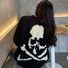 Skull Print Ripped Round Collar Knit Casaul Sweater - Modakawa Modakawa