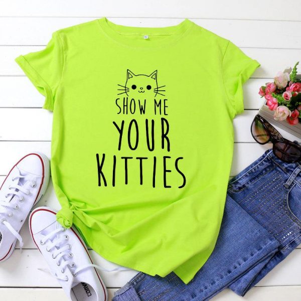 SHOW ME YOUR KITTIES Letter Print Cotton T-Shirt - Modakawa Modakawa